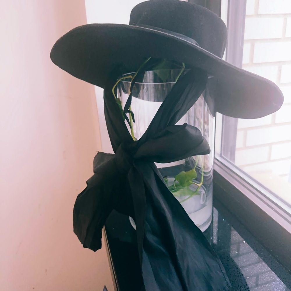 HANDMADE/CUSTOM DESIGNER  black felt Cartwheel Hat..Leather & Felt +Silk